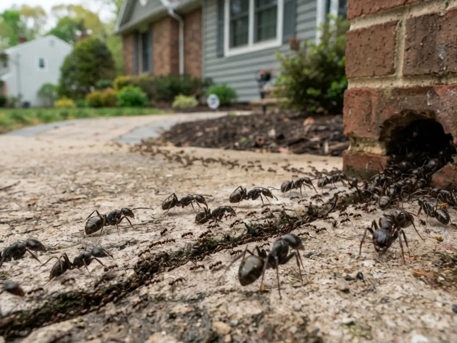 Tiny pavement ants entering home through foundation crack